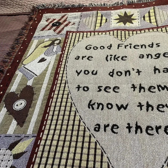 Vintage Tapestry Fringe Woven Throw Blanket Good Friends Cottagecore 46”x54” - Picture 6 of 8